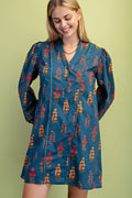 Teal Floral Print Half Button Mini Dress