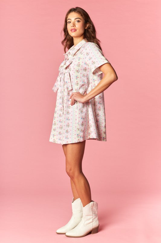 Vintage Inspired Floral Bow Shirt Dress