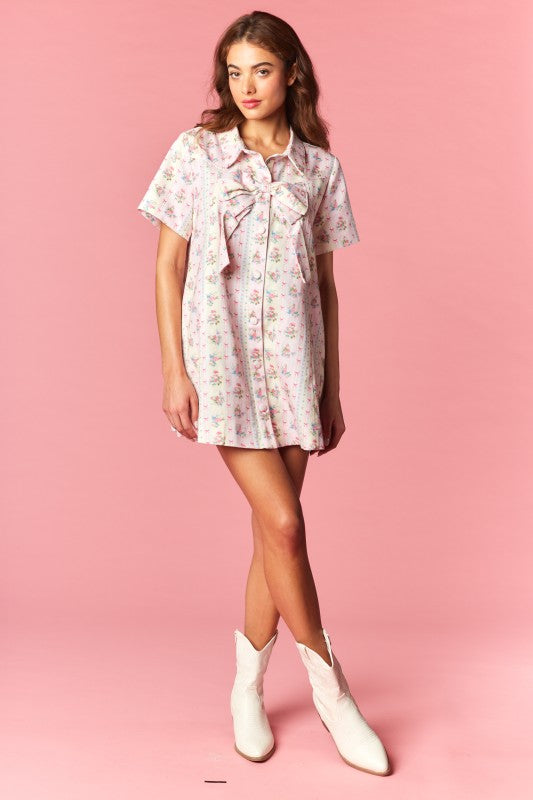 Vintage Inspired Floral Bow Shirt Dress