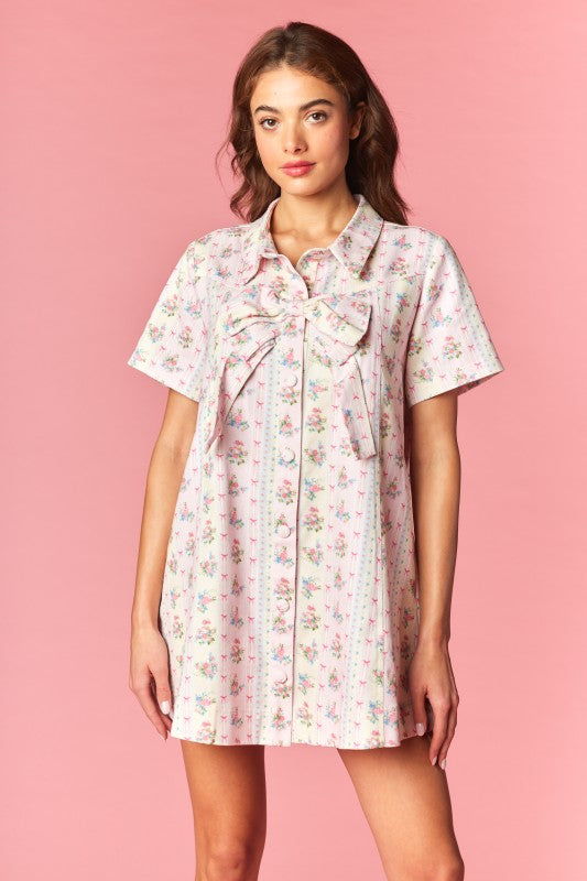 Vintage Inspired Floral Bow Shirt Dress
