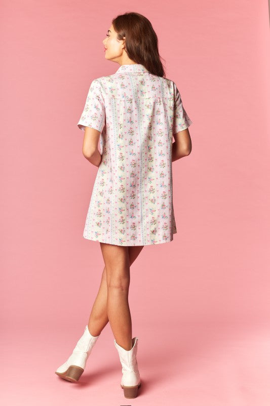 Vintage Inspired Floral Bow Shirt Dress