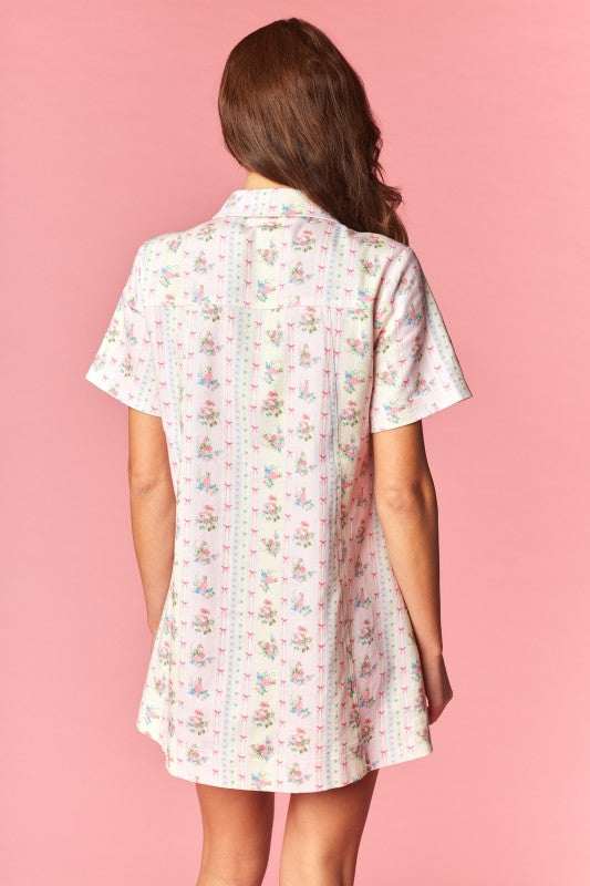 Vintage Inspired Floral Bow Shirt Dress