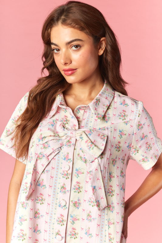 Vintage Inspired Floral Bow Shirt Dress