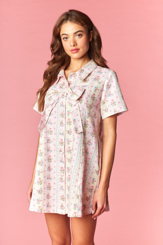 Vintage Inspired Floral Bow Shirt Dress