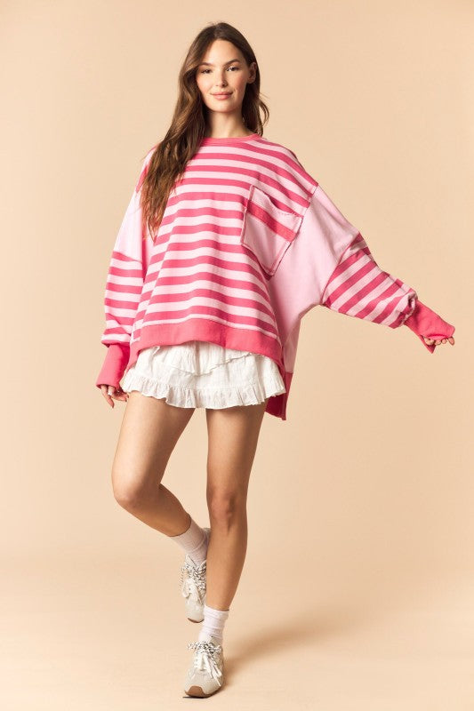 Regency Stripe Solid Side Panel Oversized Terry Sweatshirt