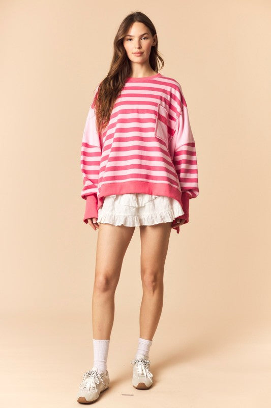 Regency Stripe Solid Side Panel Oversized Terry Sweatshirt