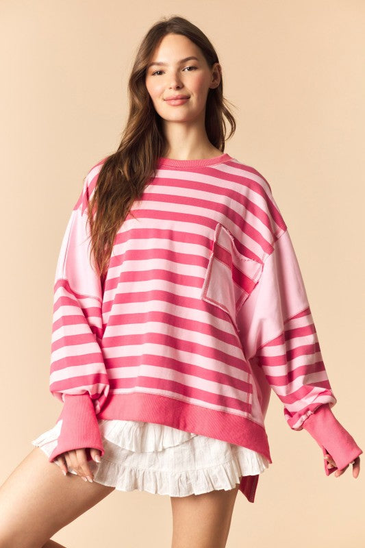 Regency Stripe Solid Side Panel Oversized Terry Sweatshirt