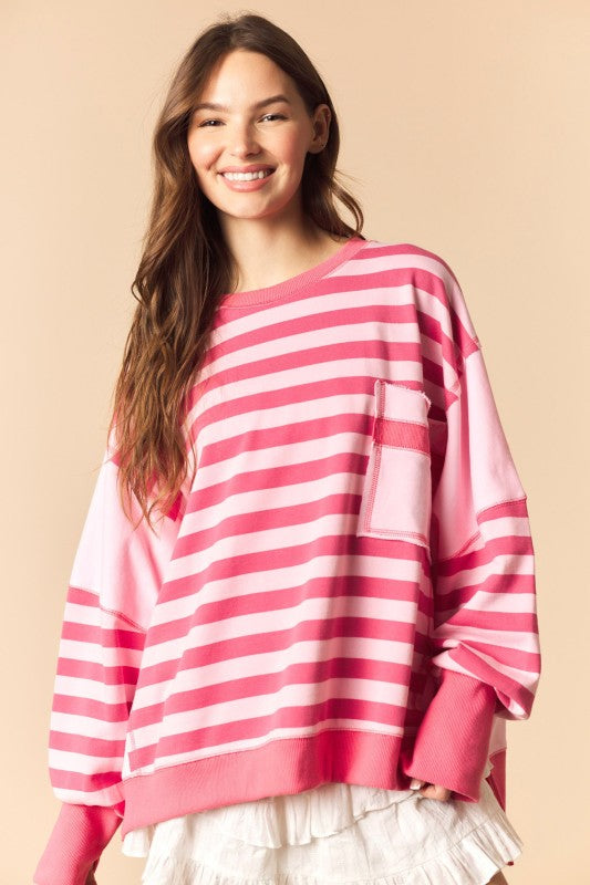 Regency Stripe Solid Side Panel Oversized Terry Sweatshirt
