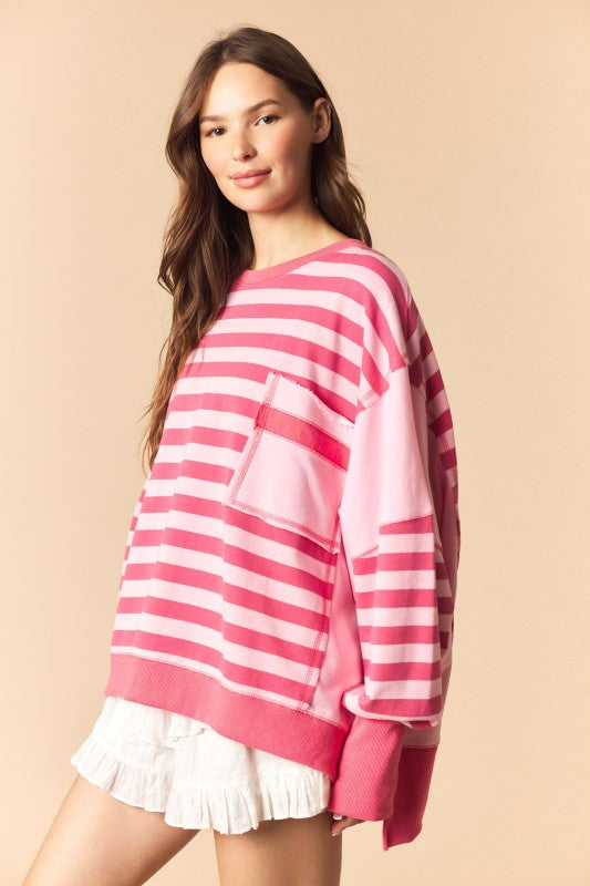 Regency Stripe Solid Side Panel Oversized Terry Sweatshirt