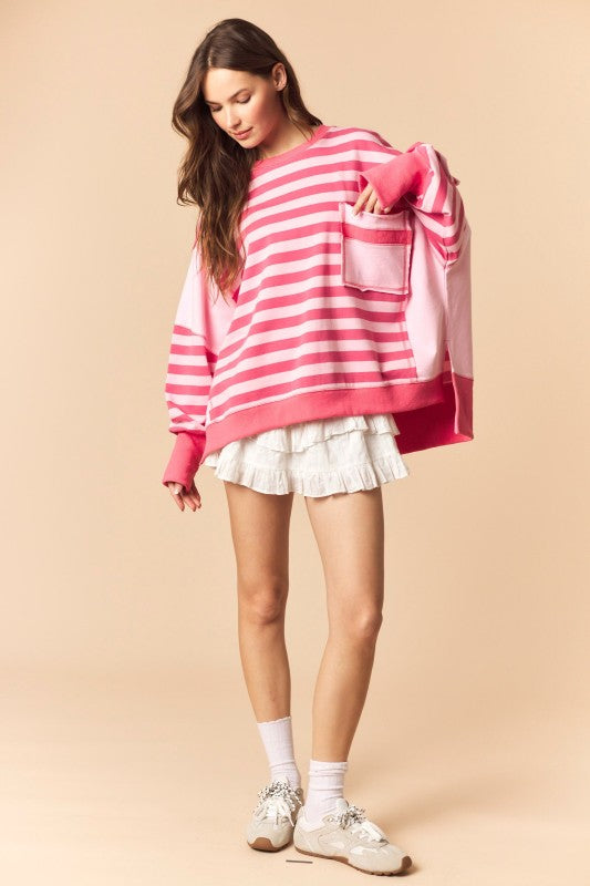 Regency Stripe Solid Side Panel Oversized Terry Sweatshirt