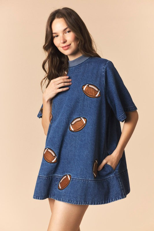 Football Patches Detail Rib Neck Banded Denim Dress