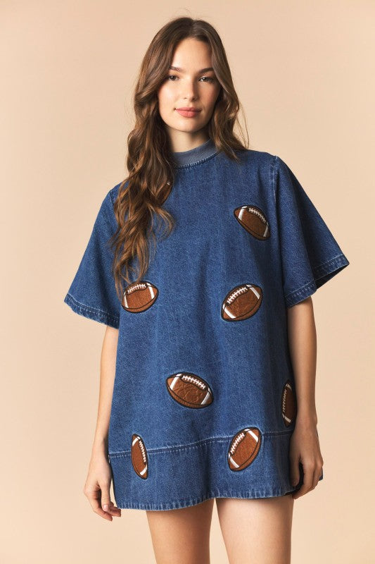 Football Patches Detail Rib Neck Banded Denim Dress