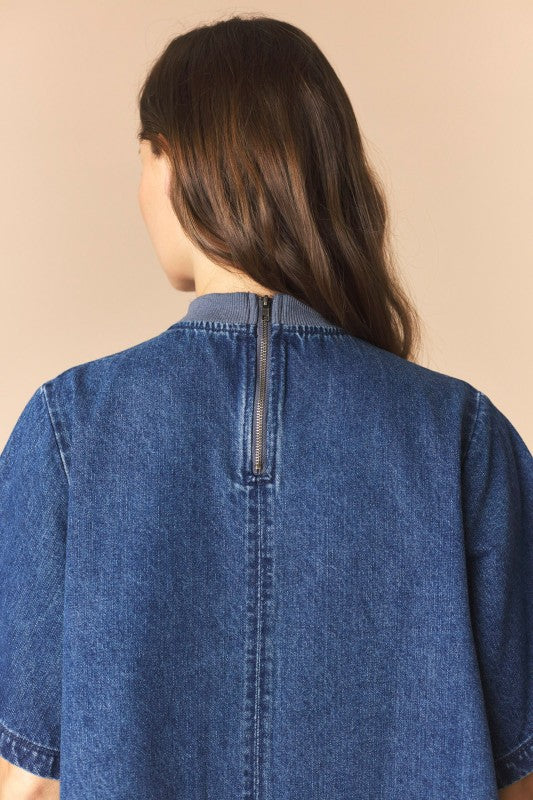 Football Patches Detail Rib Neck Banded Denim Dress
