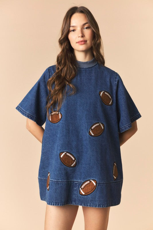 Football Patches Detail Rib Neck Banded Denim Dress
