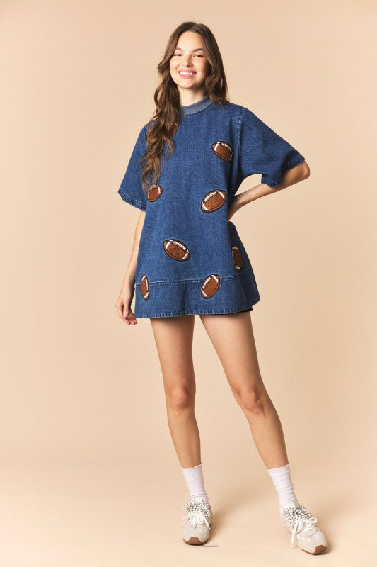 Football Patches Detail Rib Neck Banded Denim Dress