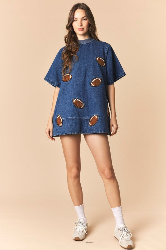 Football Patches Detail Rib Neck Banded Denim Dress