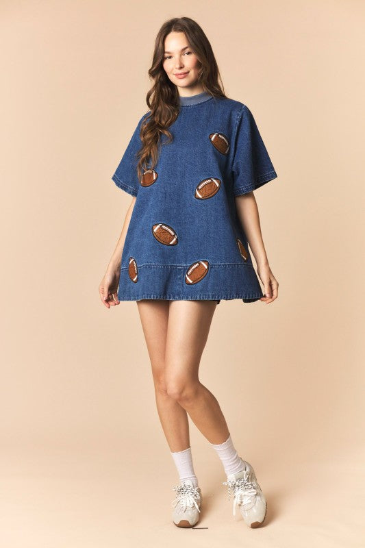 Football Patches Detail Rib Neck Banded Denim Dress