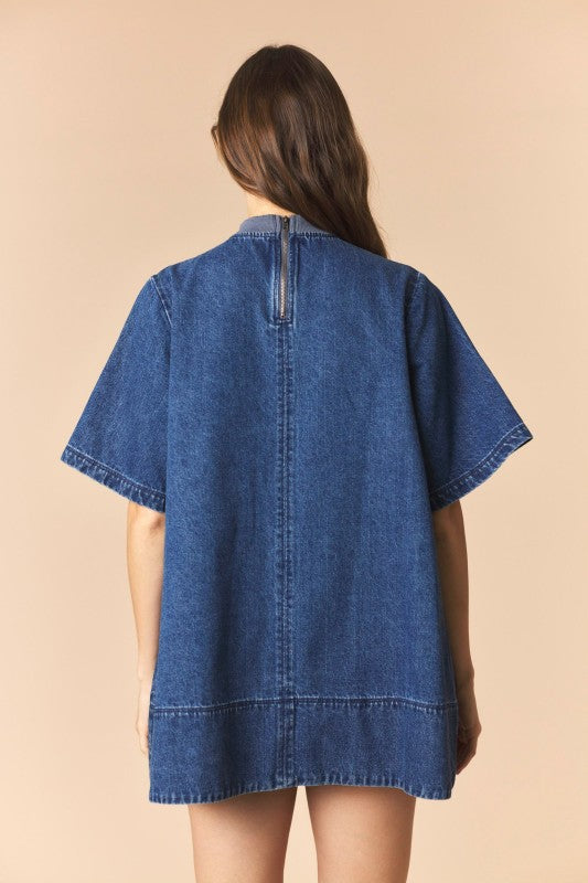 Football Patches Detail Rib Neck Banded Denim Dress