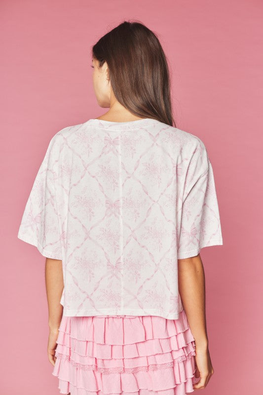 Ribbon Trellis Floral Print Tee Pink