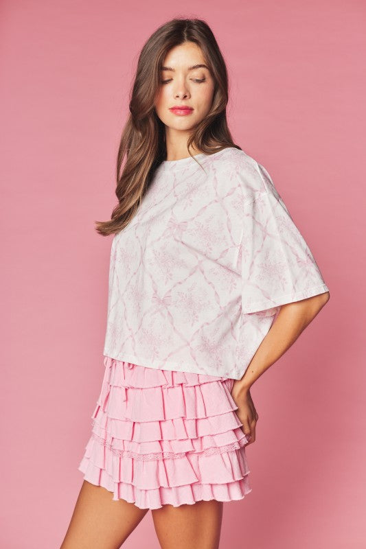 Ribbon Trellis Floral Print Tee Pink