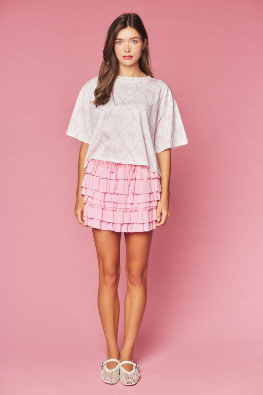 Ribbon Trellis Floral Print Tee Pink