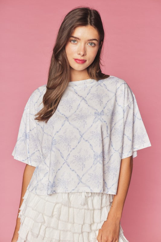 Ribbon Trellis Floral Print Tee Light Blue