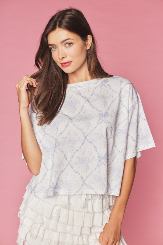 Ribbon Trellis Floral Print Tee Light Blue