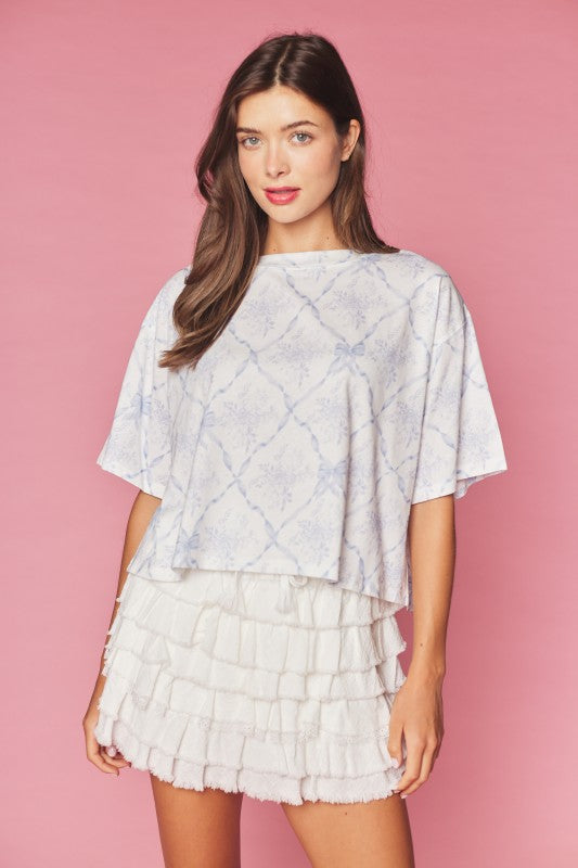 Ribbon Trellis Floral Print Tee Light Blue