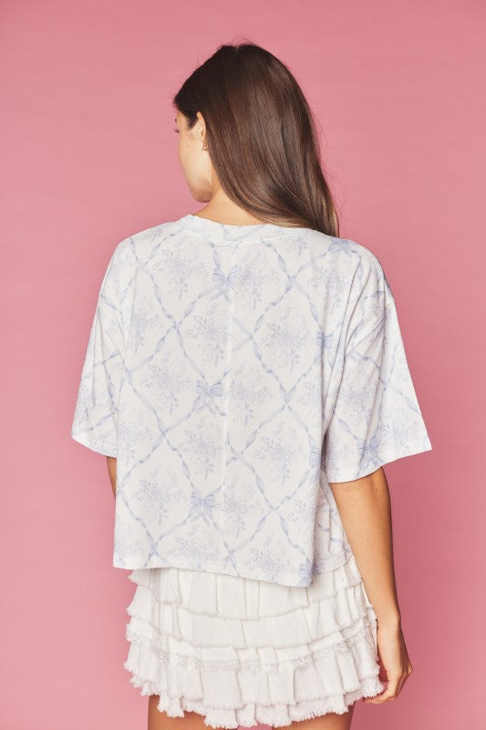 Ribbon Trellis Floral Print Tee Light Blue