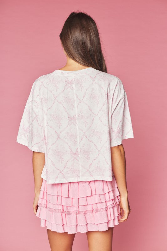 Ribbon Trellis Floral Print Tee Pink