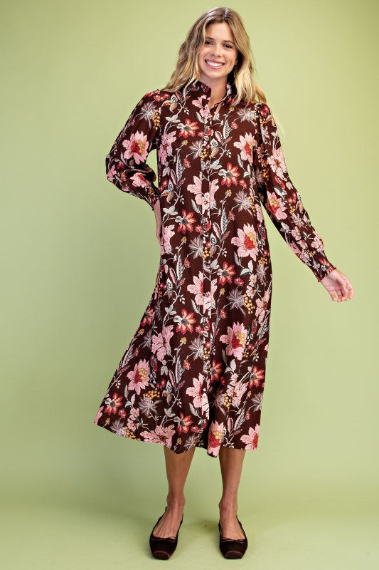 Brown Floral Tile Print Button Down Midi Dress