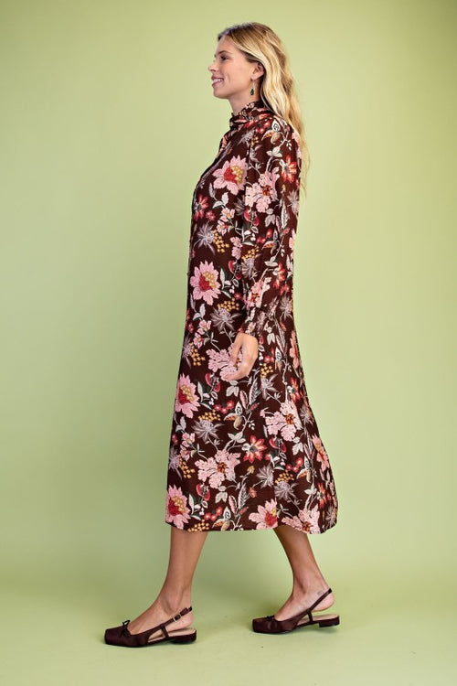 Brown Floral Tile Print Button Down Midi Dress