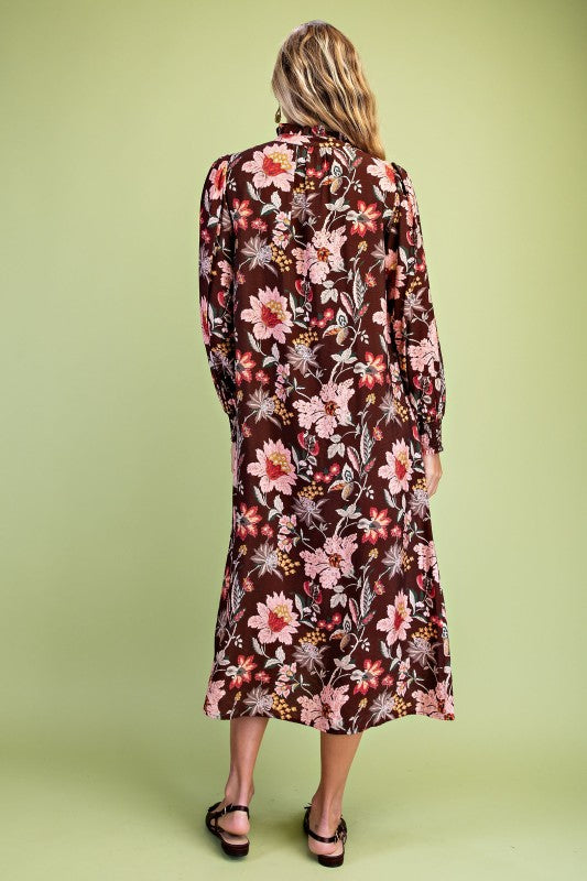Brown Floral Tile Print Button Down Midi Dress