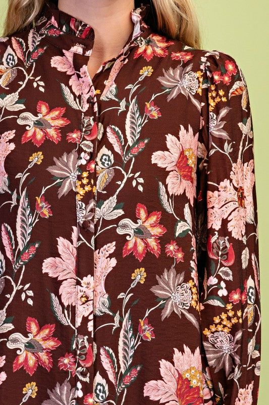 Brown Floral Tile Print Button Down Midi Dress