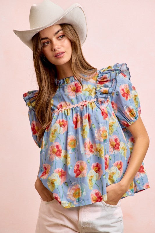 Flower Print Woven Ruffled Detail Puff Sleeves Top