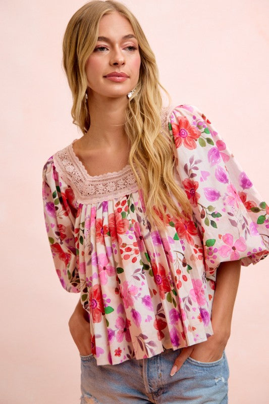 Flower Printed Lace Trim Neckline Blouse Top