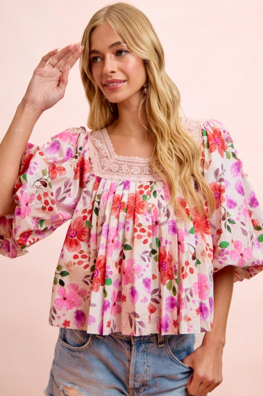 Flower Printed Lace Trim Neckline Blouse Top