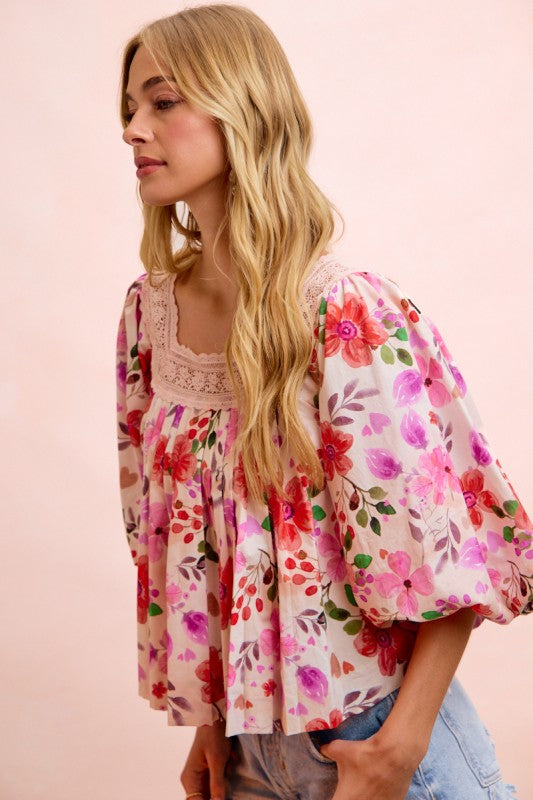 Flower Printed Lace Trim Neckline Blouse Top