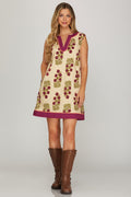 Sleeveless Contrast Berry Printed Mini Dress with Pockets