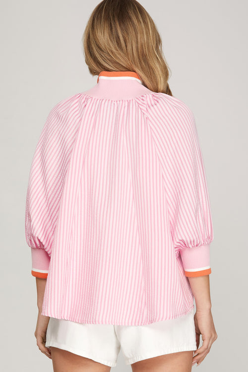 3/4 Sleeve Half Zip Pink and Orange Striped Top