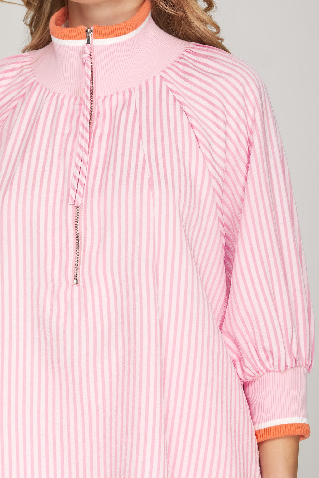 3/4 Sleeve Half Zip Pink and Orange Striped Top