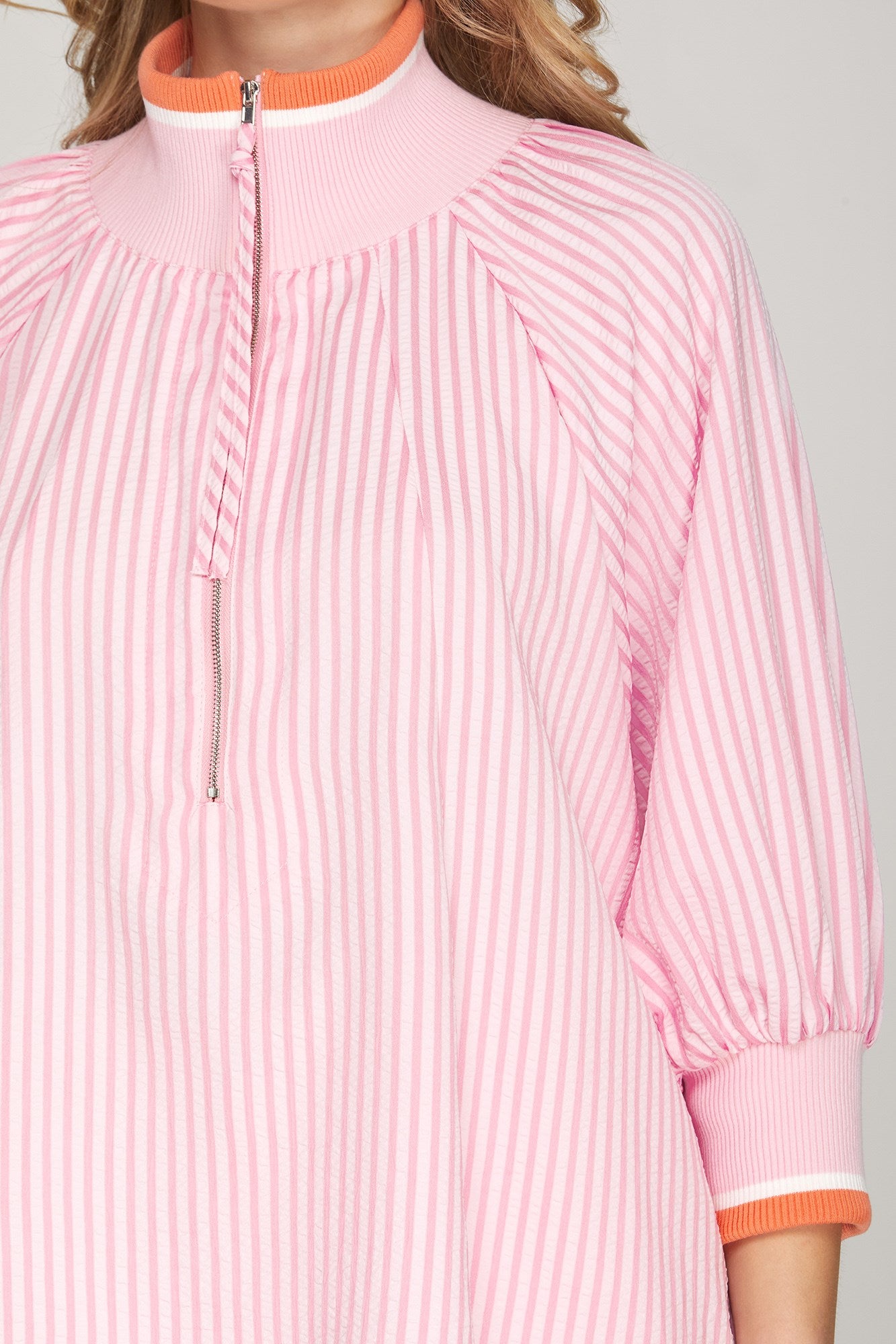 3/4 Sleeve Half Zip Pink and Orange Striped Top