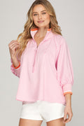 3/4 Sleeve Half Zip Pink and Orange Striped Top