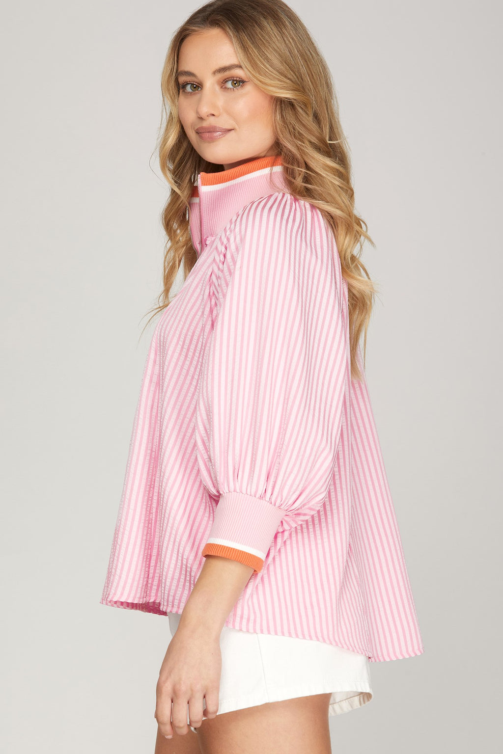 3/4 Sleeve Half Zip Pink and Orange Striped Top