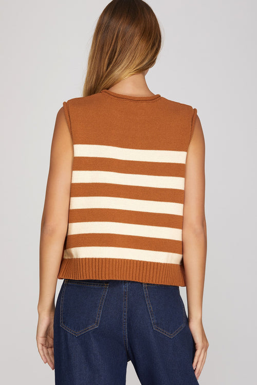 Caramel Sleeveless Stripe Sweater with Gold Buttons
