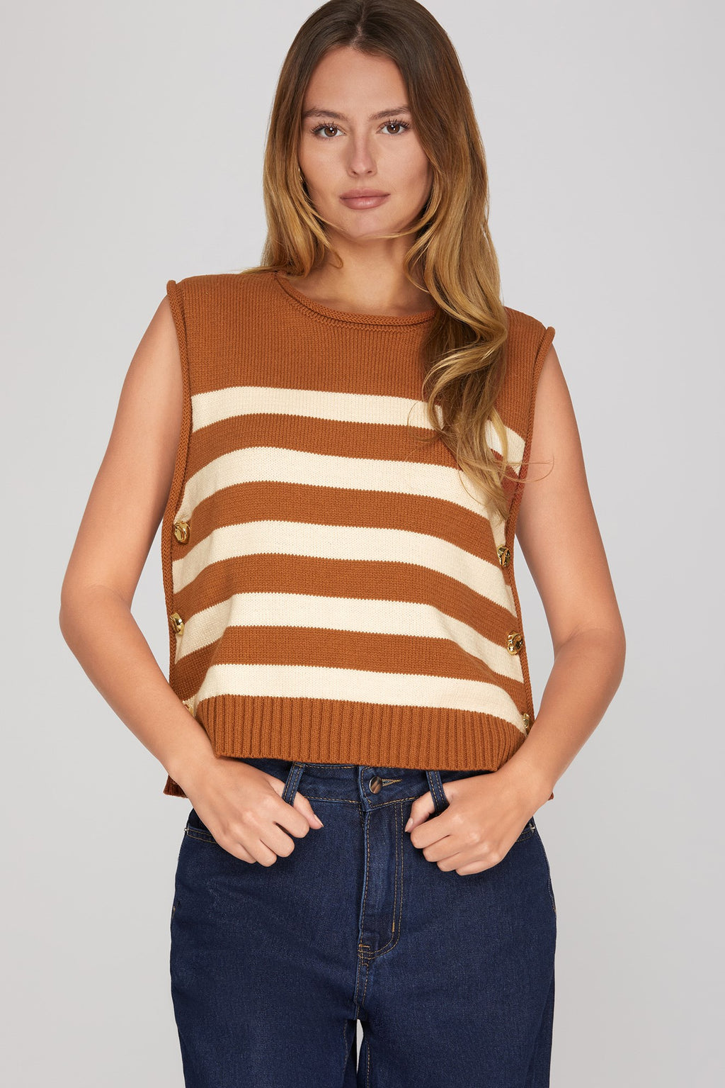 Caramel Sleeveless Stripe Sweater with Gold Buttons