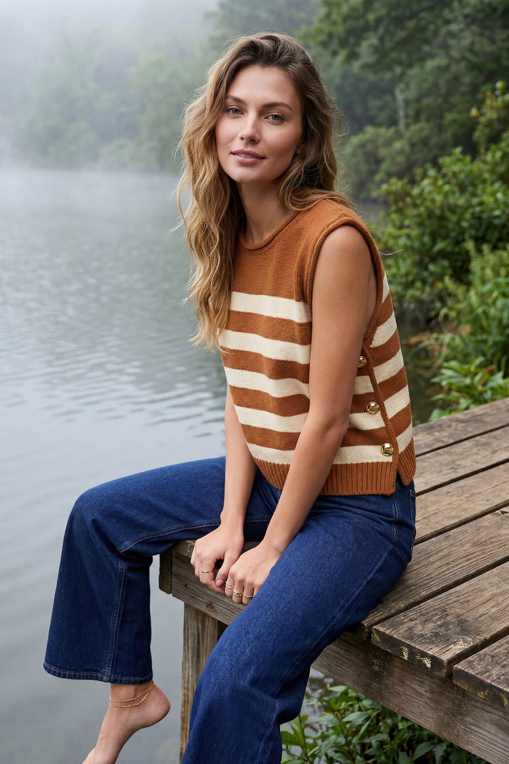 Caramel Sleeveless Stripe Sweater with Gold Buttons