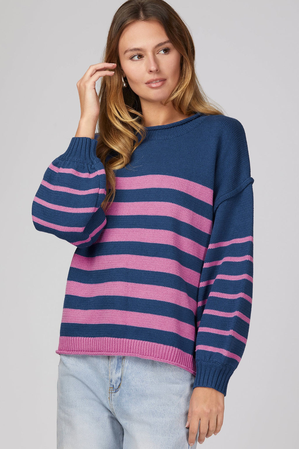 Long Sleeve Navy & Violet Knit Striped Sweater