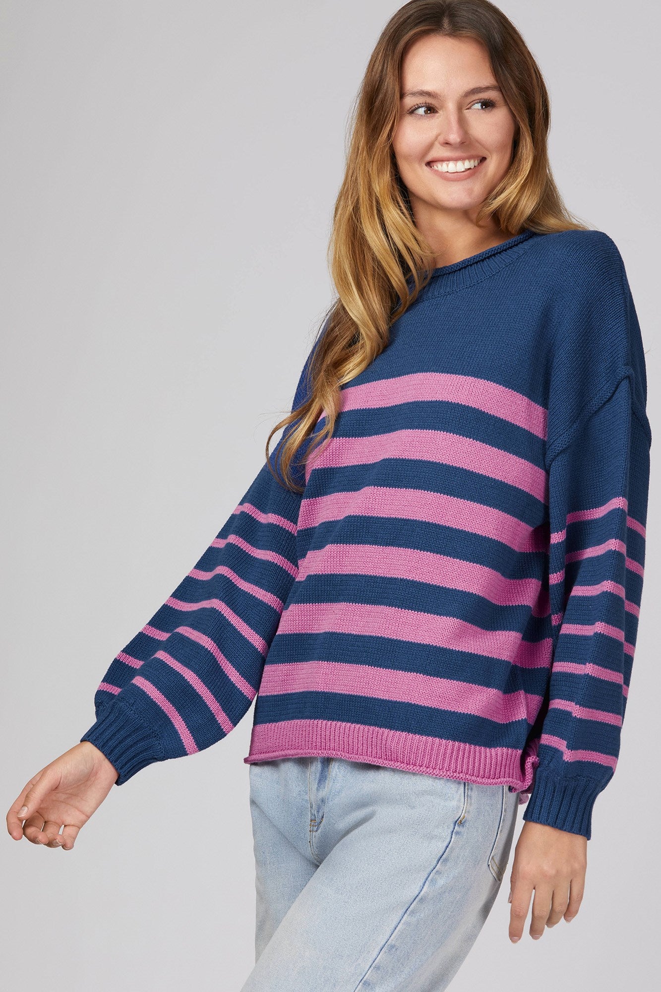 Long Sleeve Navy & Violet Knit Striped Sweater