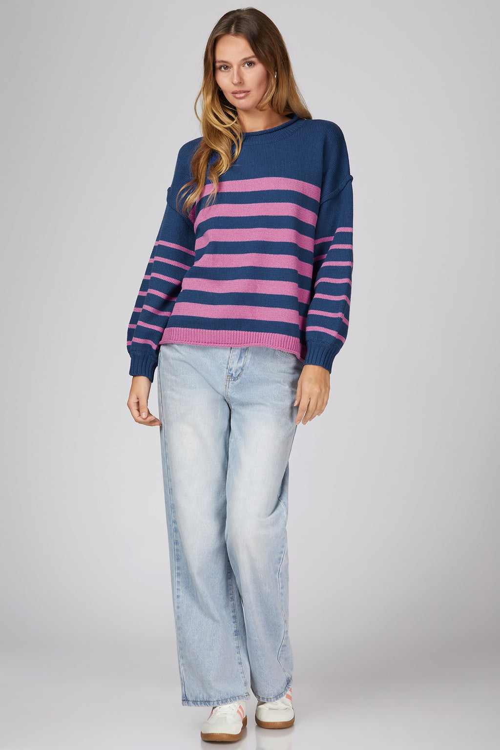 Long Sleeve Navy & Violet Knit Striped Sweater